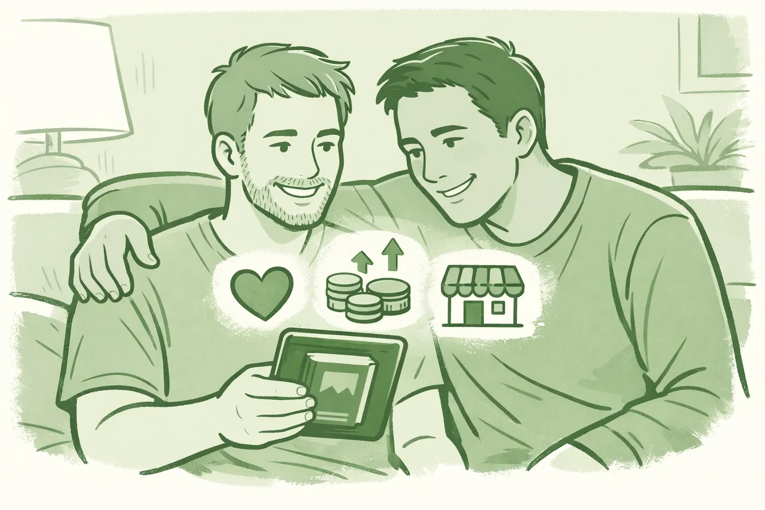 Two men reading MM romance ebooks together, supporting authors through direct sales on readwithpride.com