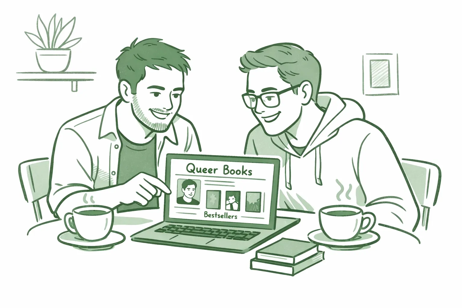 Two men discovering MM romance authors on readwithpride.com at café table